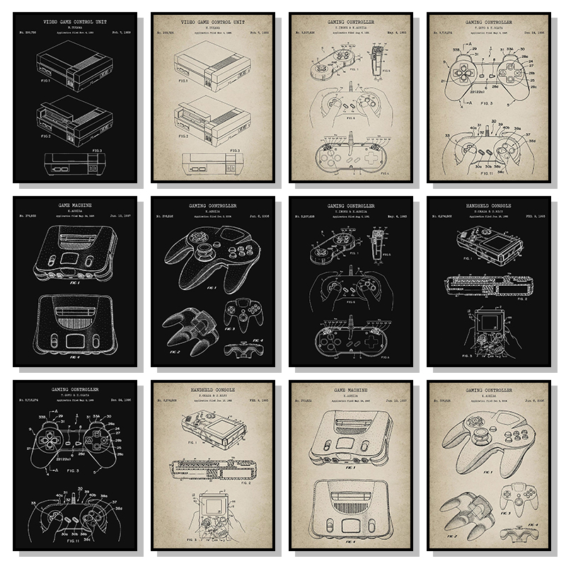 Gaming Console Picture - Vintage Spielkonsolen-Bluprint-Poster und Drucke, Spiel-Wandkunst, Leinwandgemälde,