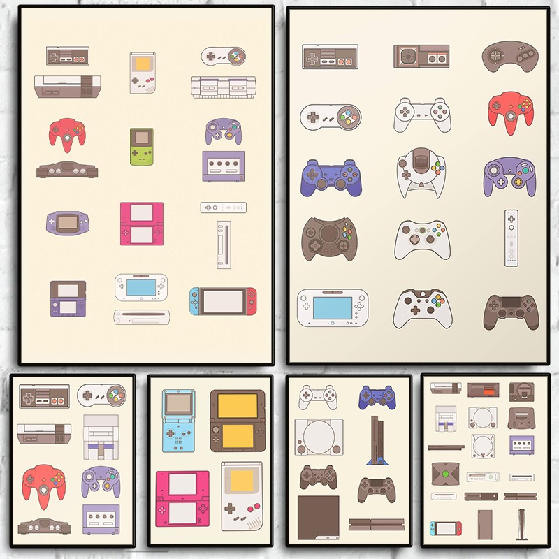 Gaming Console Picture - (2D-Leinwandgemälde) Videospiel-Handheld- und Konsolen-Evolution-Poster, Gamepad-Leinwandgemälde, Wandkunstbild